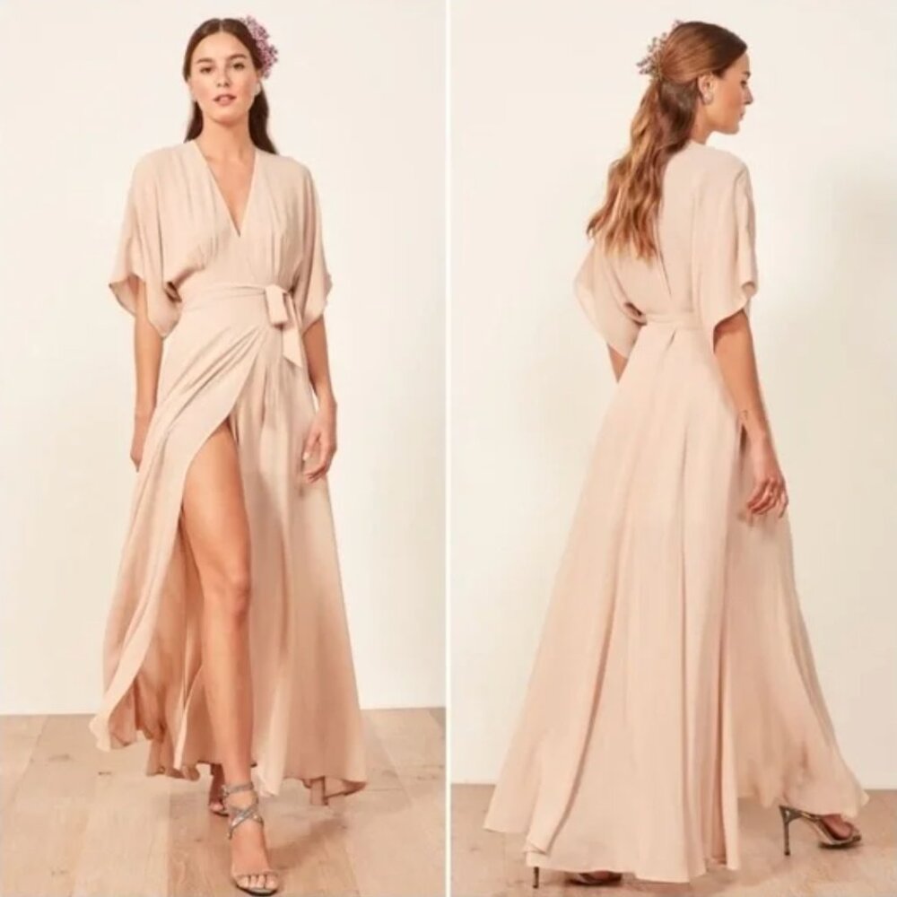 Reformation Winslow Wrap V-neck - blush wedding guest dress